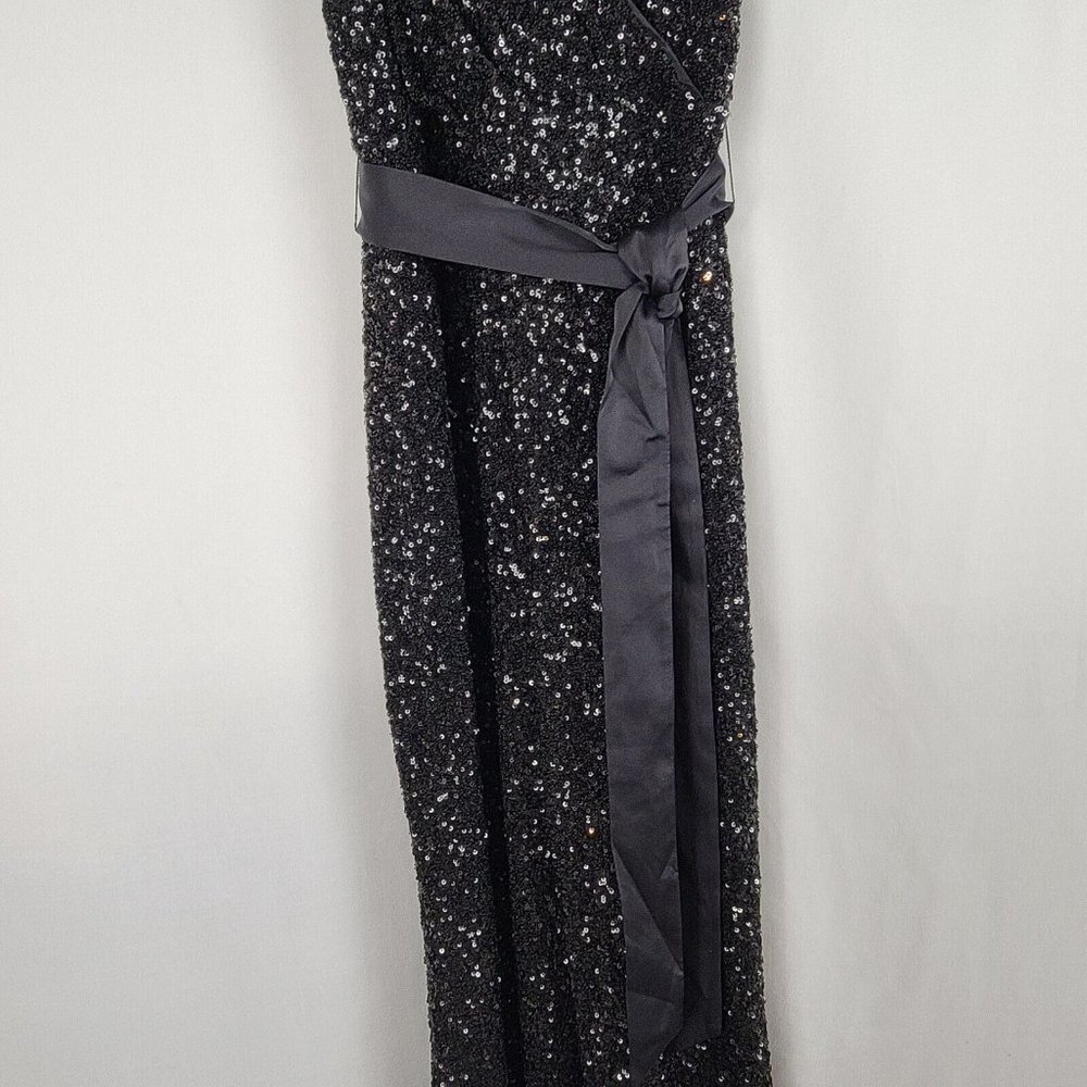 Express Womens Sequin V Neck Tie Waist Wide Leg Jumpsuit Size XS Black - Picture 7 of 16